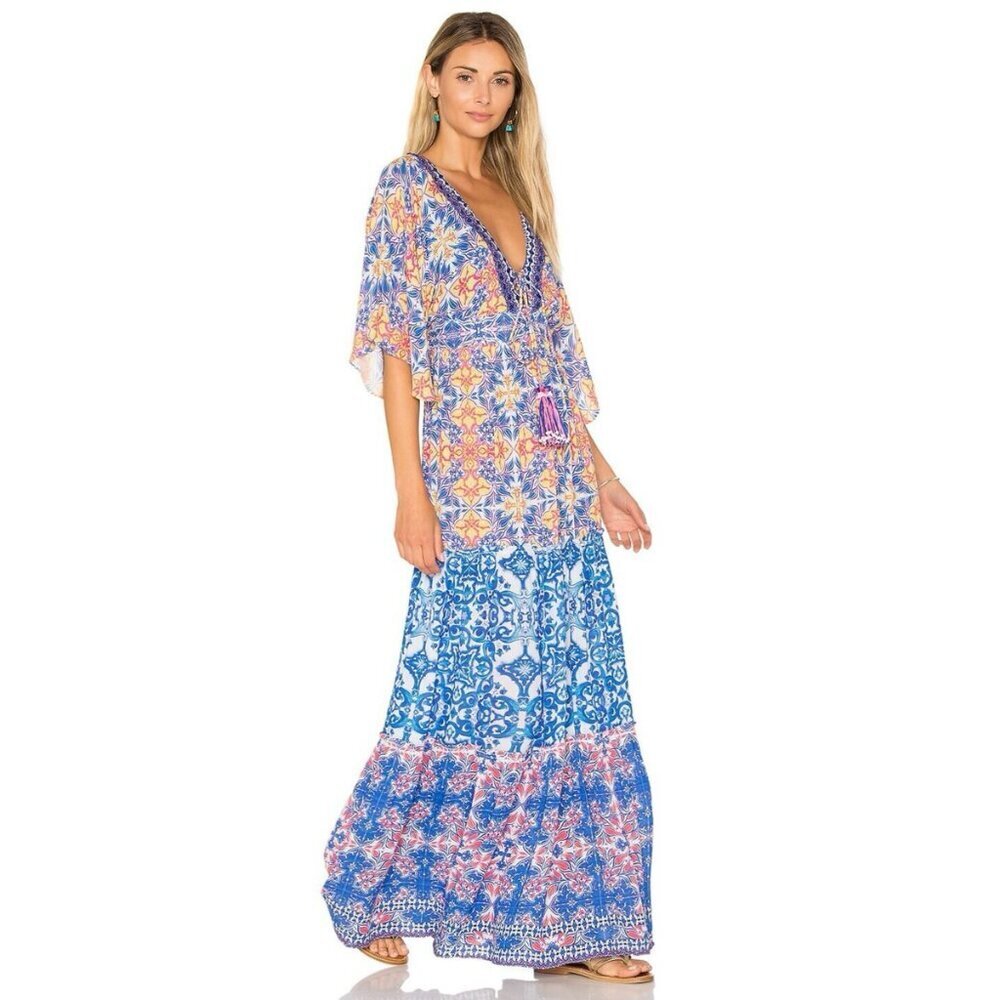 Hemant & Nandita Deep V Lace Up Sequin Tasseled Maxi Dress